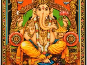 Tapiz de Ganesha sentado en un trono dorado con cuatro brazos y ofrendas