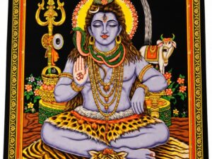 Tapiz del dios hindú Shiva meditando sobre una piel de tigre, con tridente, serpiente y el toro Nandi.