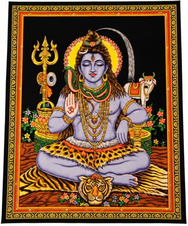 Tapiz del dios hindú Shiva meditando sobre una piel de tigre, con tridente, serpiente y el toro Nandi.